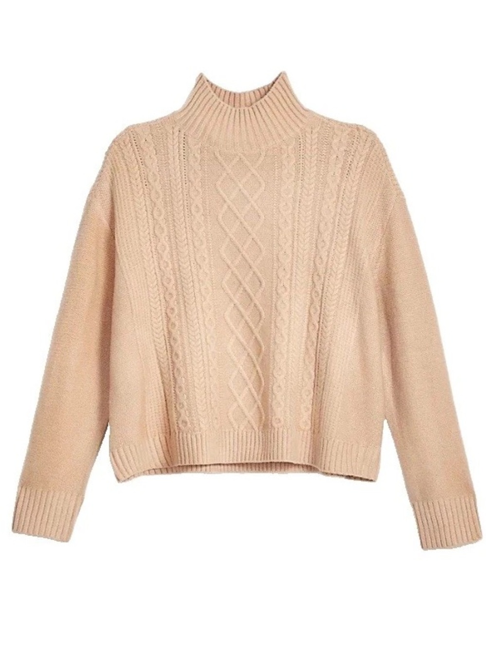 Ann Taylor Loft Turtleneck Cable Wool Blend Sweater Oversized Boxy Camel Tan Med